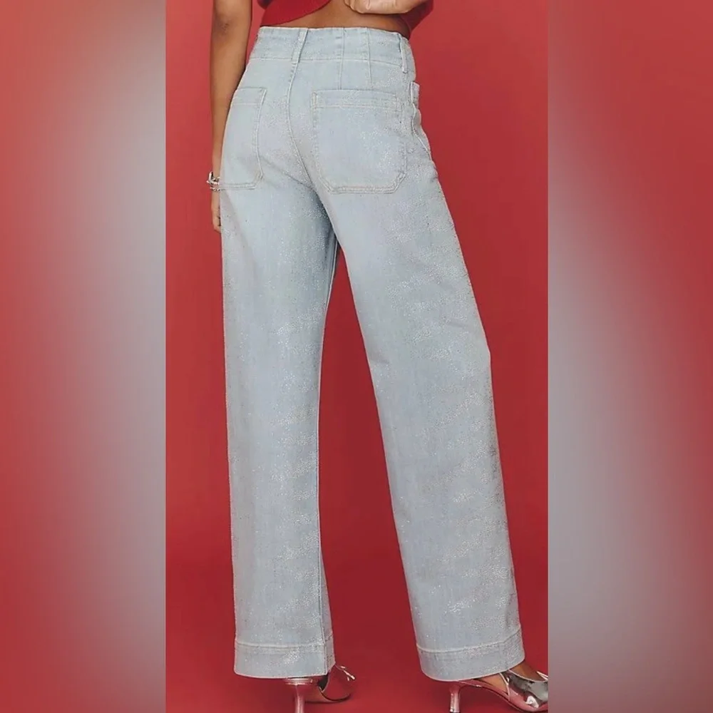 Anthropologie Light Blue Wide-Leg Full length Rhinestone Jean. Check video
